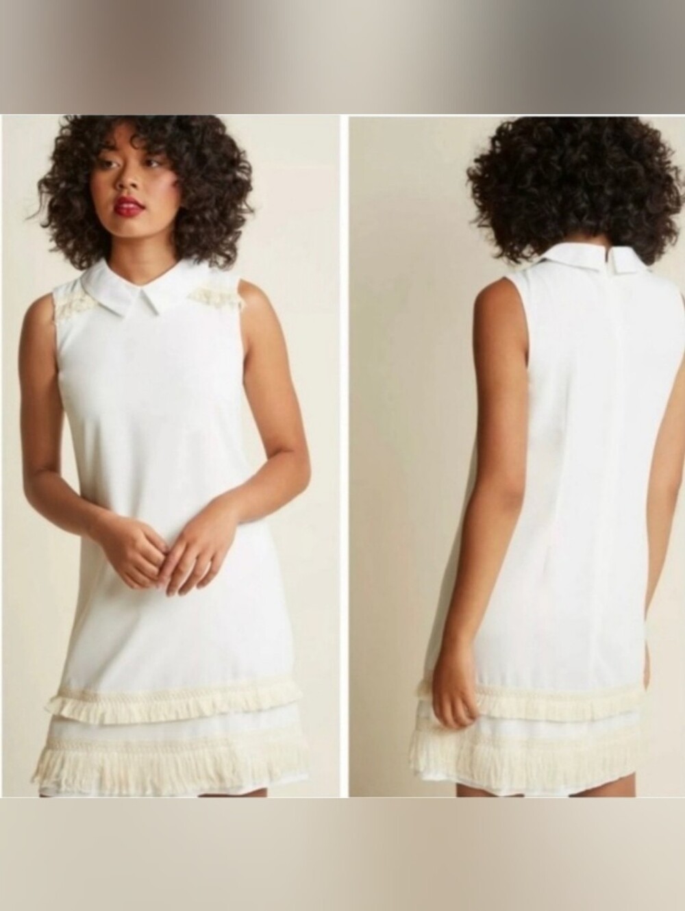 Myrtlewood Of California Sleeveless Mod White Shift Dress with Fringe Trim Euc!
